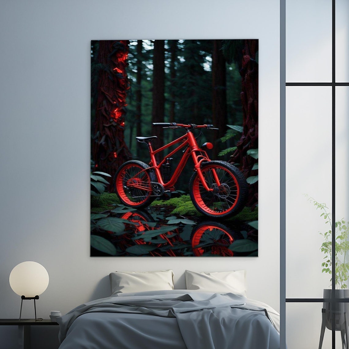 Red Bicycle Forest Trail Reflection Dark Woodland Cycling Poster - Image 3