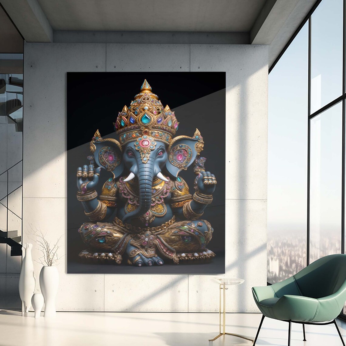 Lord Ganesha Blue Golden Jeweled Elephant God Hindu Deity Wall Art - Image 3