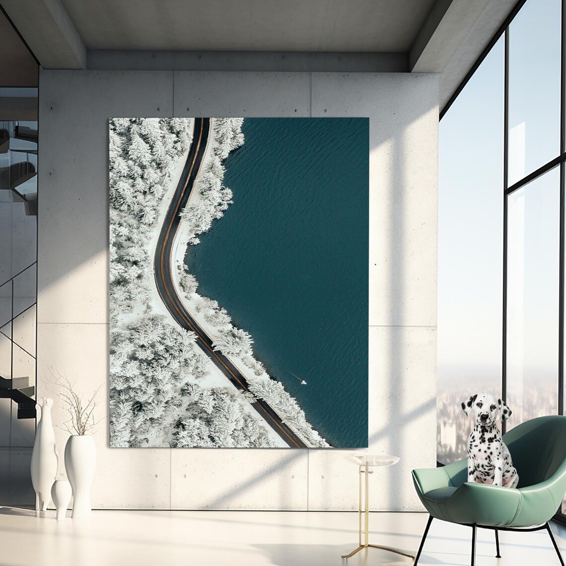 Aerial Winding Road Along Turquoise Lake Snow Pines Travel Poster - Image 3