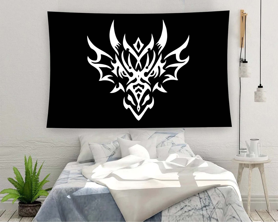 Black Tribal Dragon Head Fantasy Emblem White Ink Tapestry Wall Art - Image 2