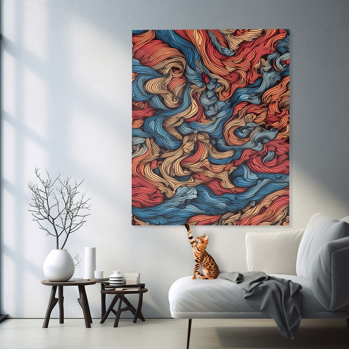 Swirling Blue Coral Beige Marble Wave Abstract Lines Wall Art - Image 3