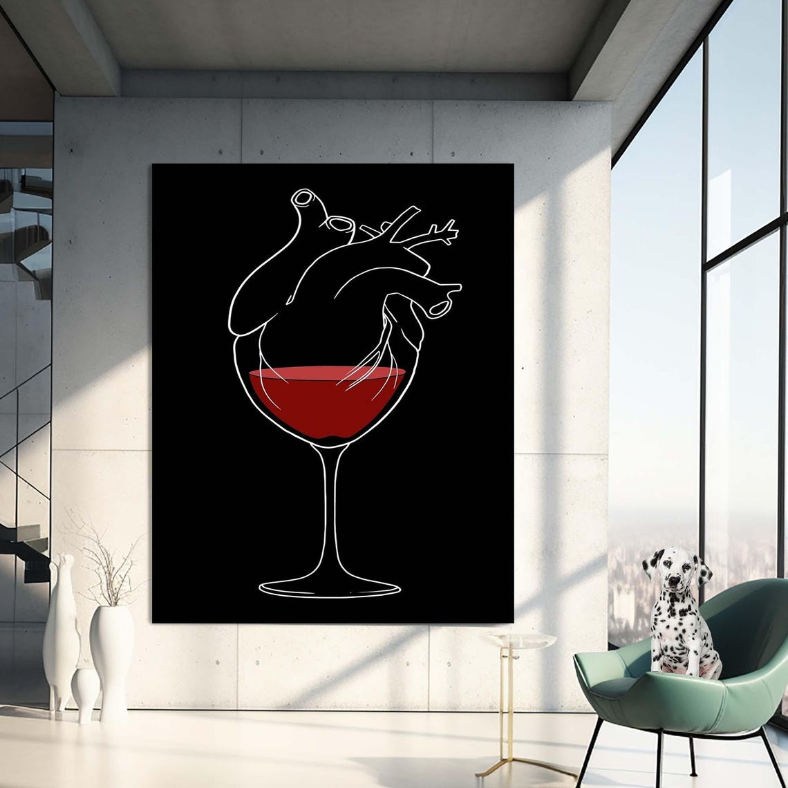 Wine Glass Heart Anatomy Minimalist Black Red Kitchen Wall Art - Image 2