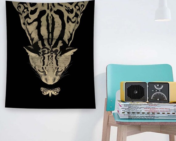 Upside Down Cat Chasing Moth Beige Black Modern Minimalist Wall Art