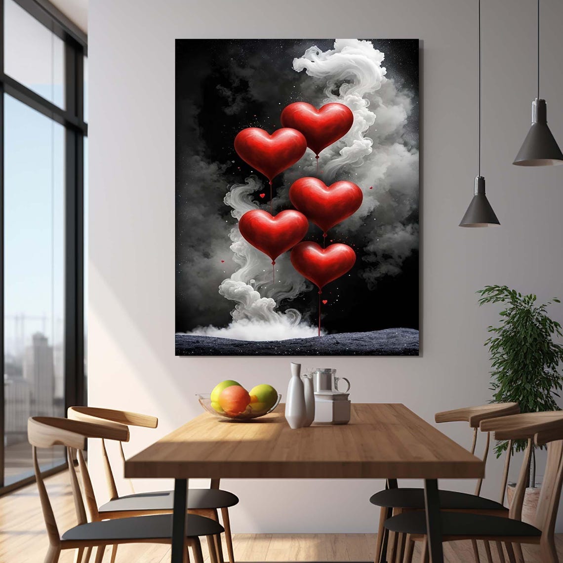 Red Heart Balloons Rising Smoke Romantic Valentine Art Poster - Image 3