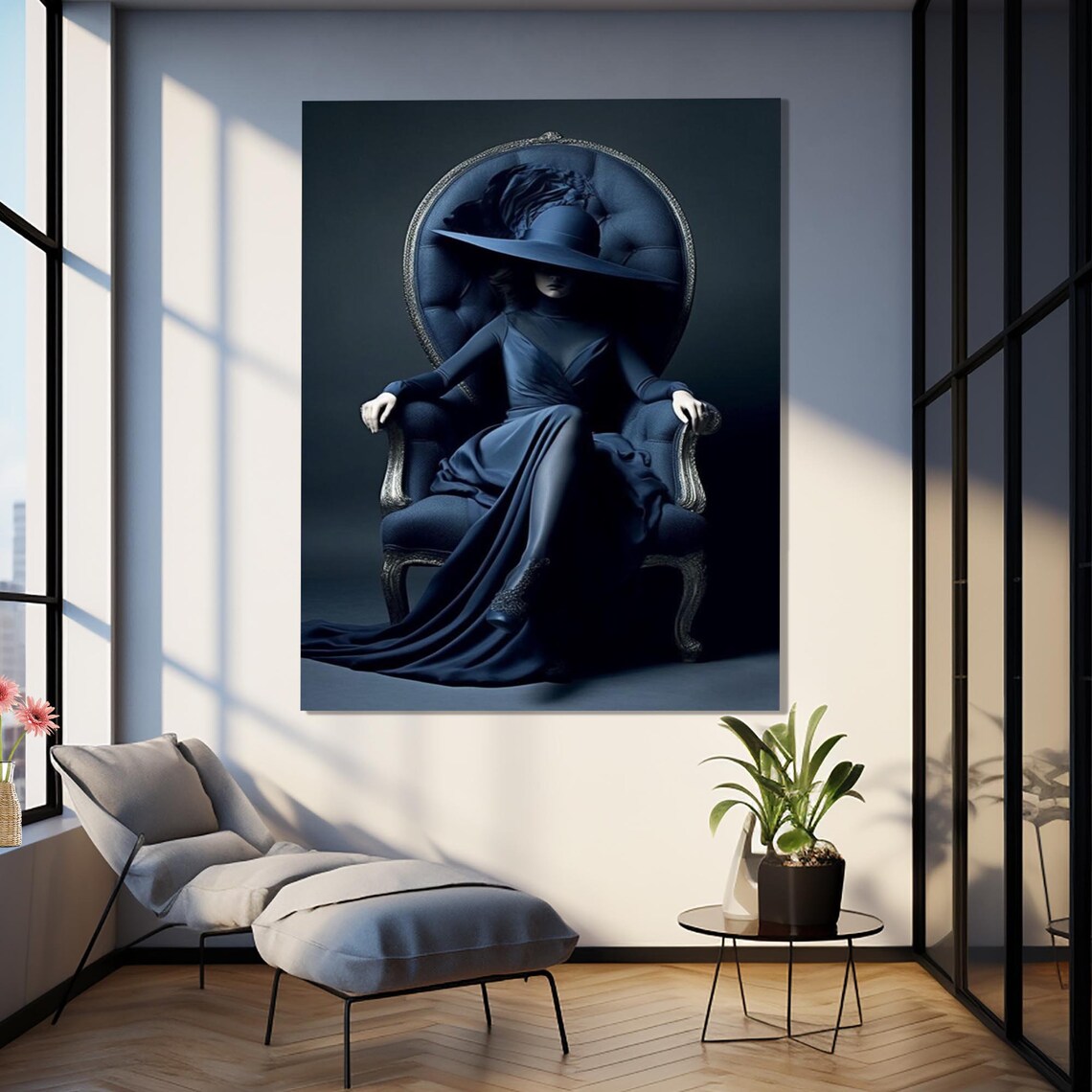 Elegant Woman in Blue Gown Wide Hat Moody Portrait Wall Poster