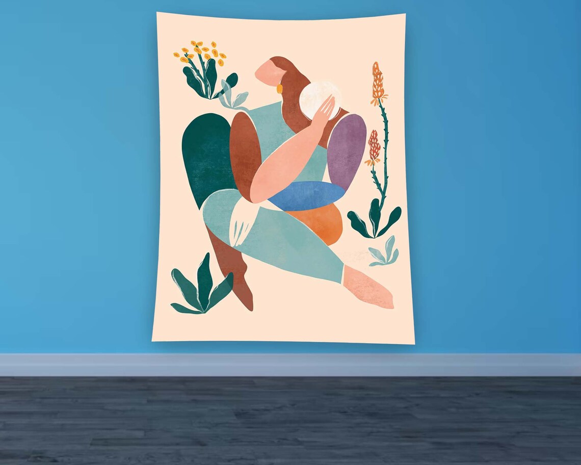 Abstract Seated Woman Floral Botanical Illustration Tapestry Wall Art - Image 2