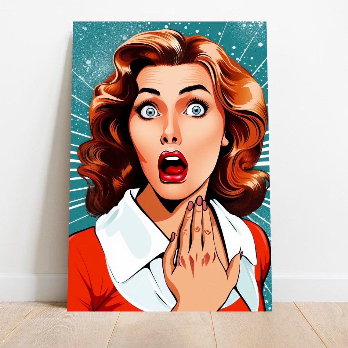 Pop Art Stunned Redhead Woman Teal Starburst Comic Retro Bold Poster - Image 3