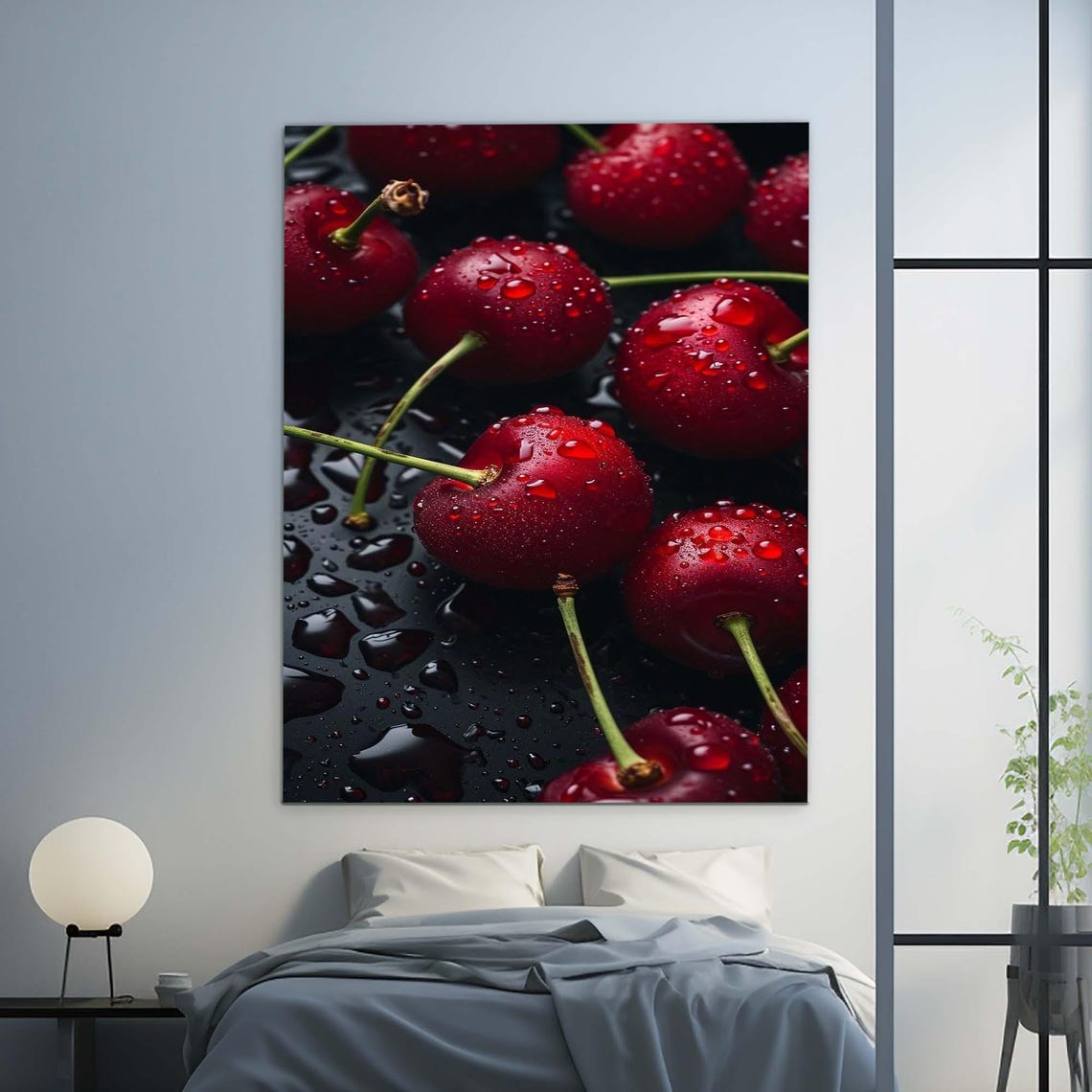 Fresh Red Cherries Water Drops Dark Food Photography Kitchen Wall Art - Image 2