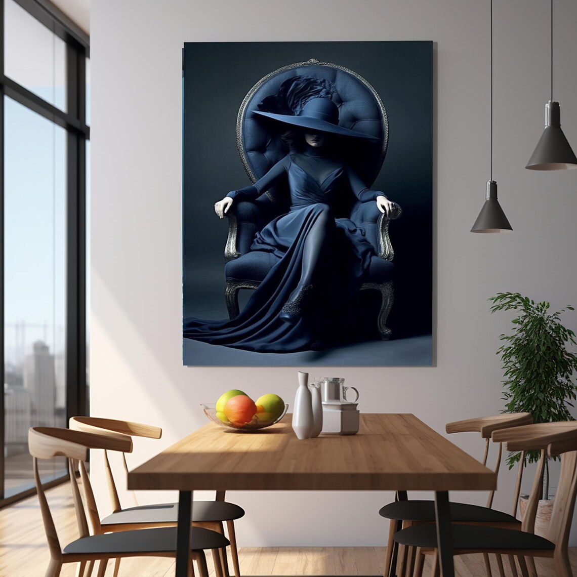 Elegant Woman in Blue Gown Wide Hat Moody Portrait Wall Poster - Image 2