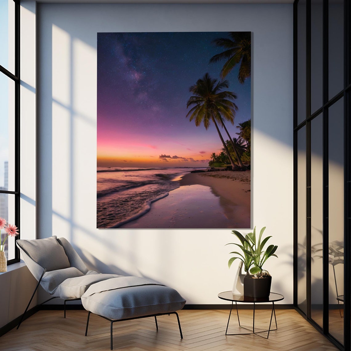 Tropical Beach Sunset Palms Starry Night Sky Ocean Travel Poster - Image 2