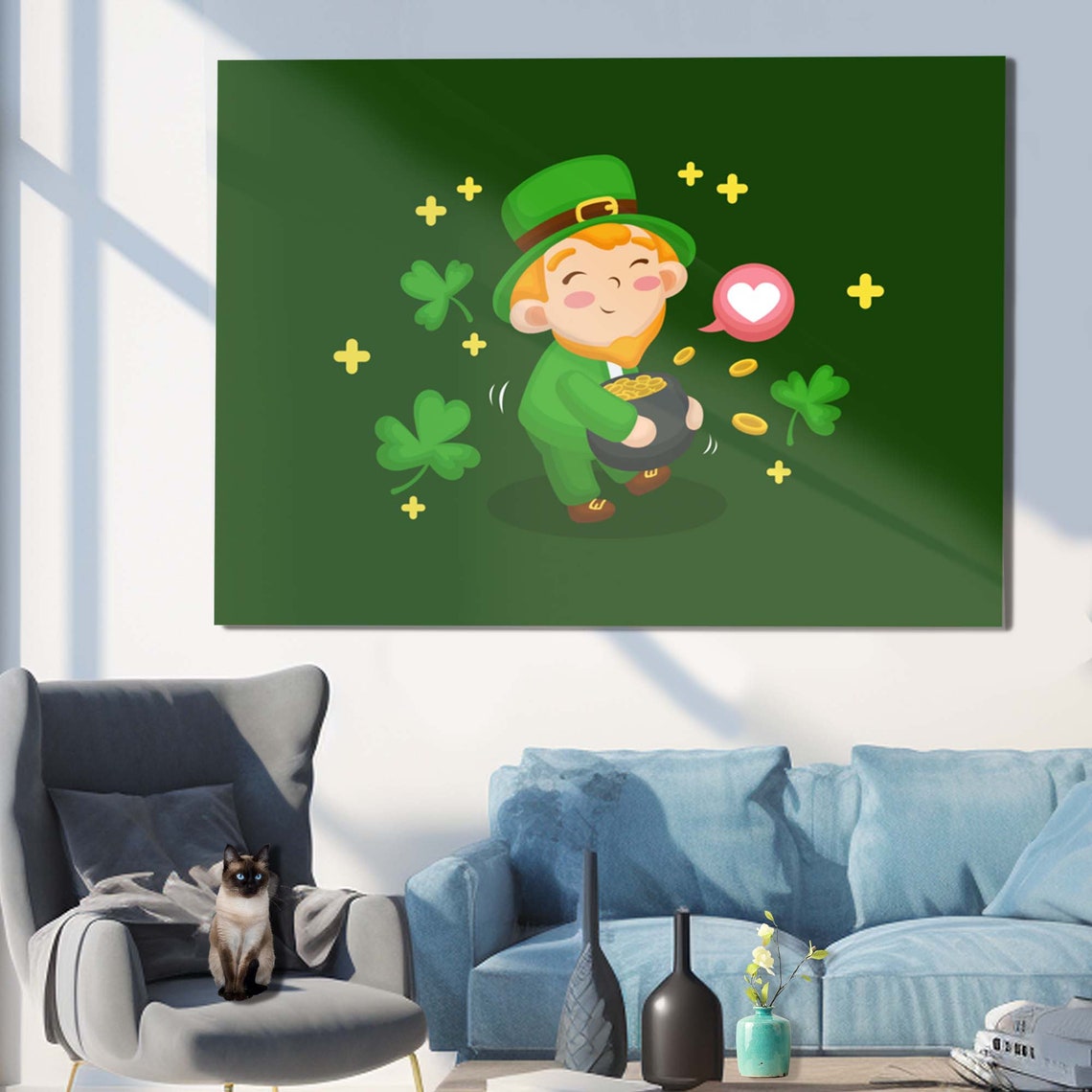 Cute Cartoon Leprechaun Pot of Gold Shamrock Art Wall Poster