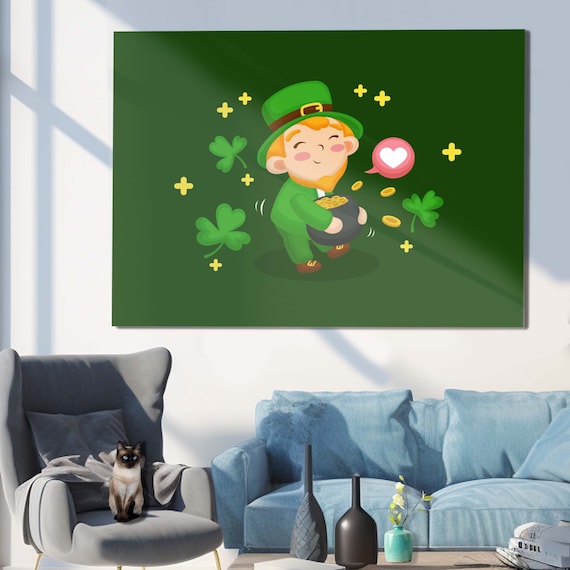 Cute Cartoon Leprechaun Pot of Gold Shamrock Art Wall Poster