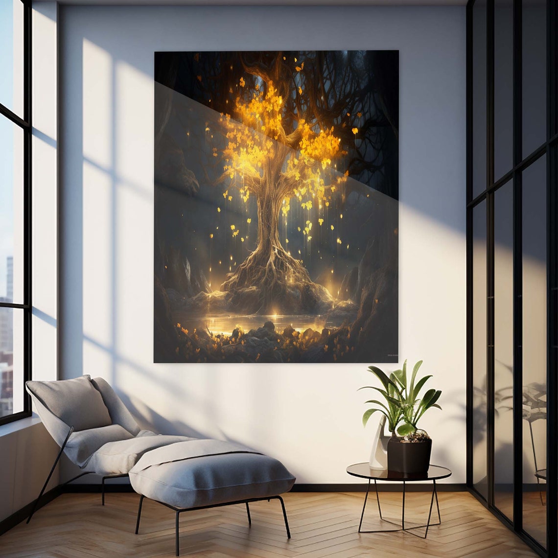 Glowing Golden Tree of Life Dark Cave Magical Light Wall Art - Image 3