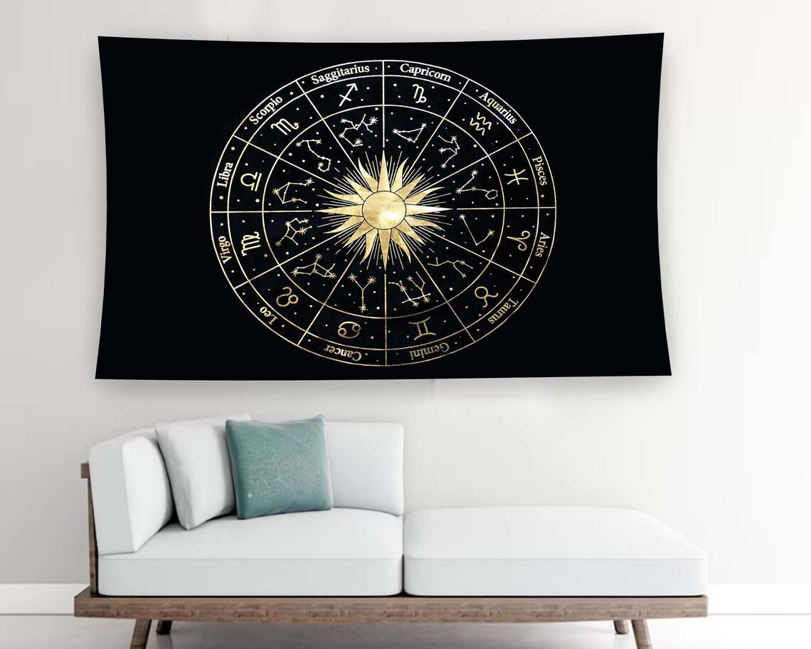 Gold Zodiac Wheel Constellation Horoscope Black Astrology Tapestry Poster - Image 2