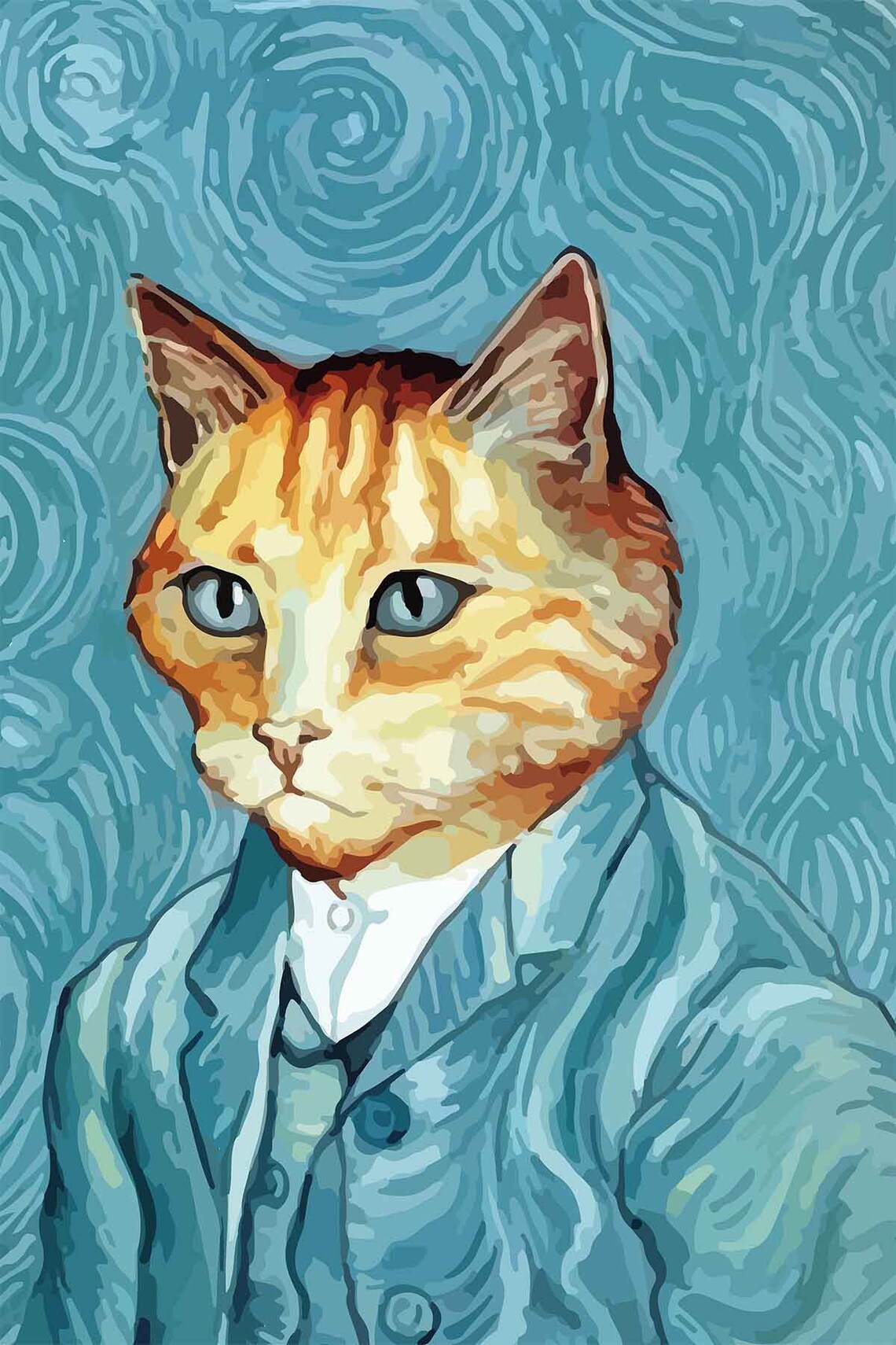 Orange Tabby Cat Blue Suit Starry Night Parody Portrait Tapestry Poster - Image 3