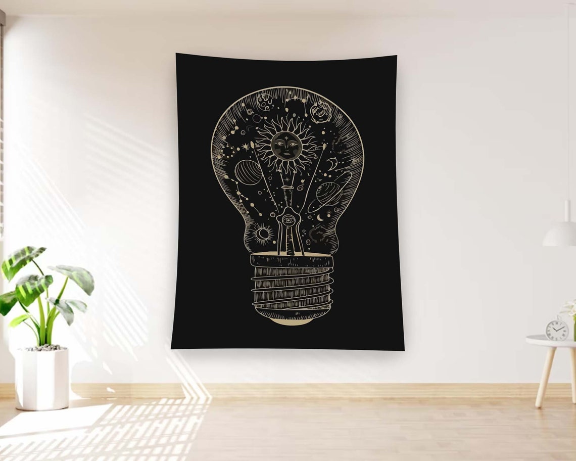 Celestial Lightbulb Sun Moon Stars Black Line Art Tapestry Poster - Image 2