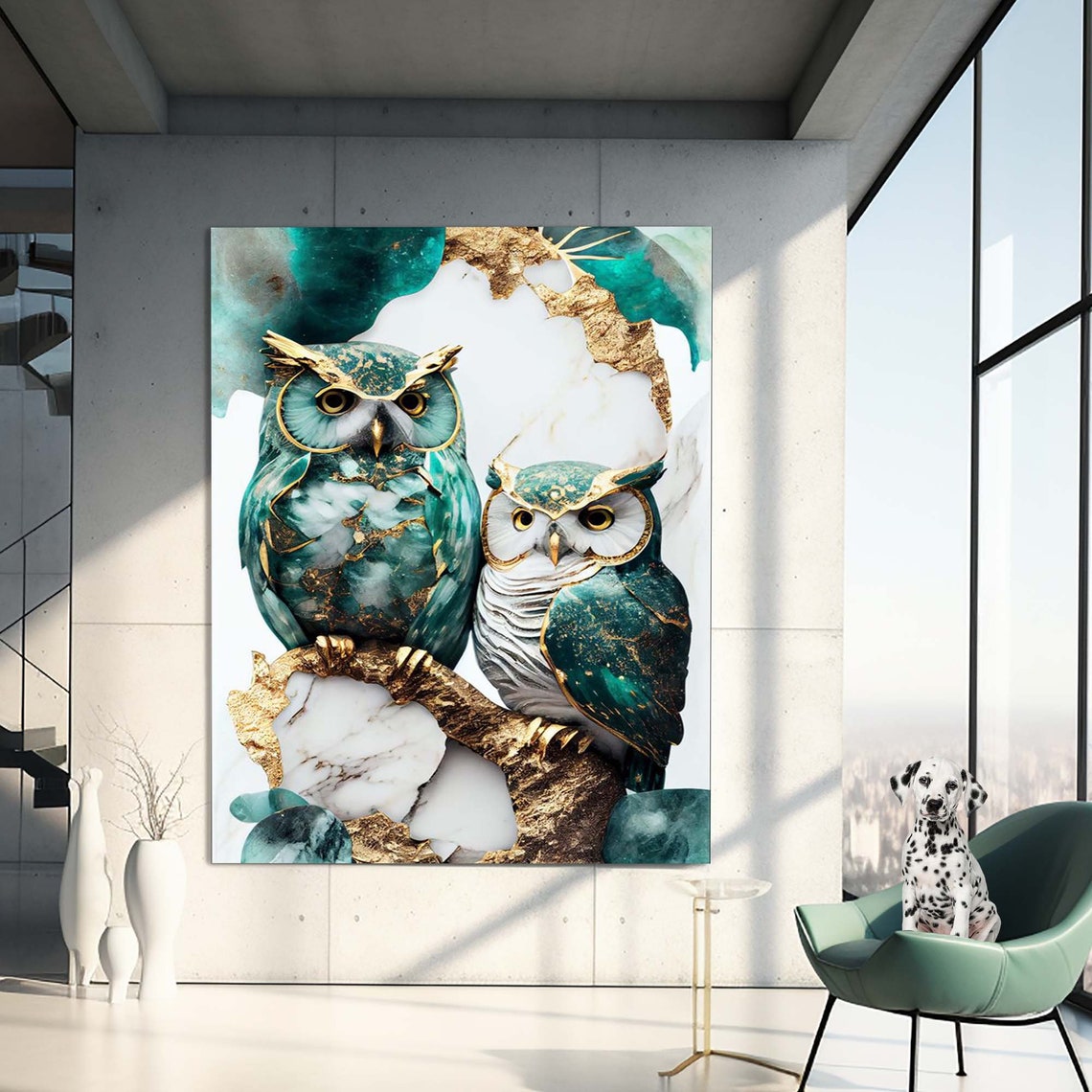 Two Owls Teal Gold Marble Branch Elegant Wildlife Wall Poster - Image 3