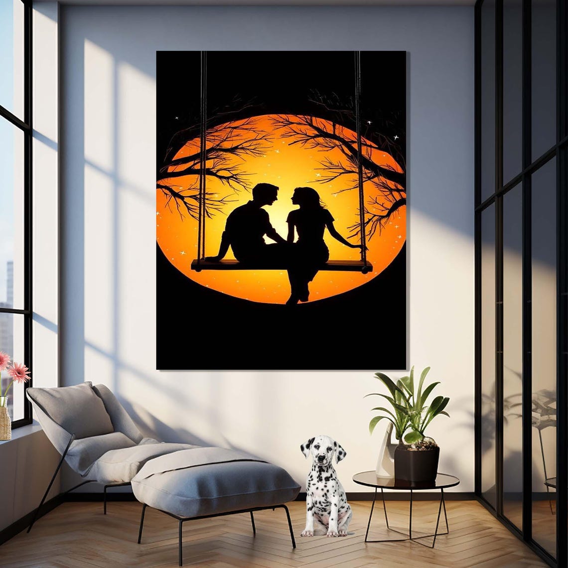 Romantic Couple Swing Silhouette Against Orange Full Moon Night Art - Image 2