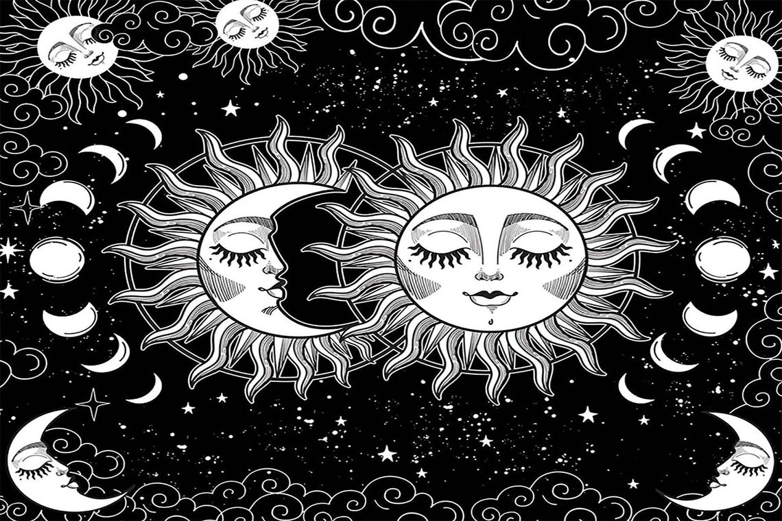 Black White Sun Moon Faces Celestial Phases Stars Tapestry Wall Art - Image 3