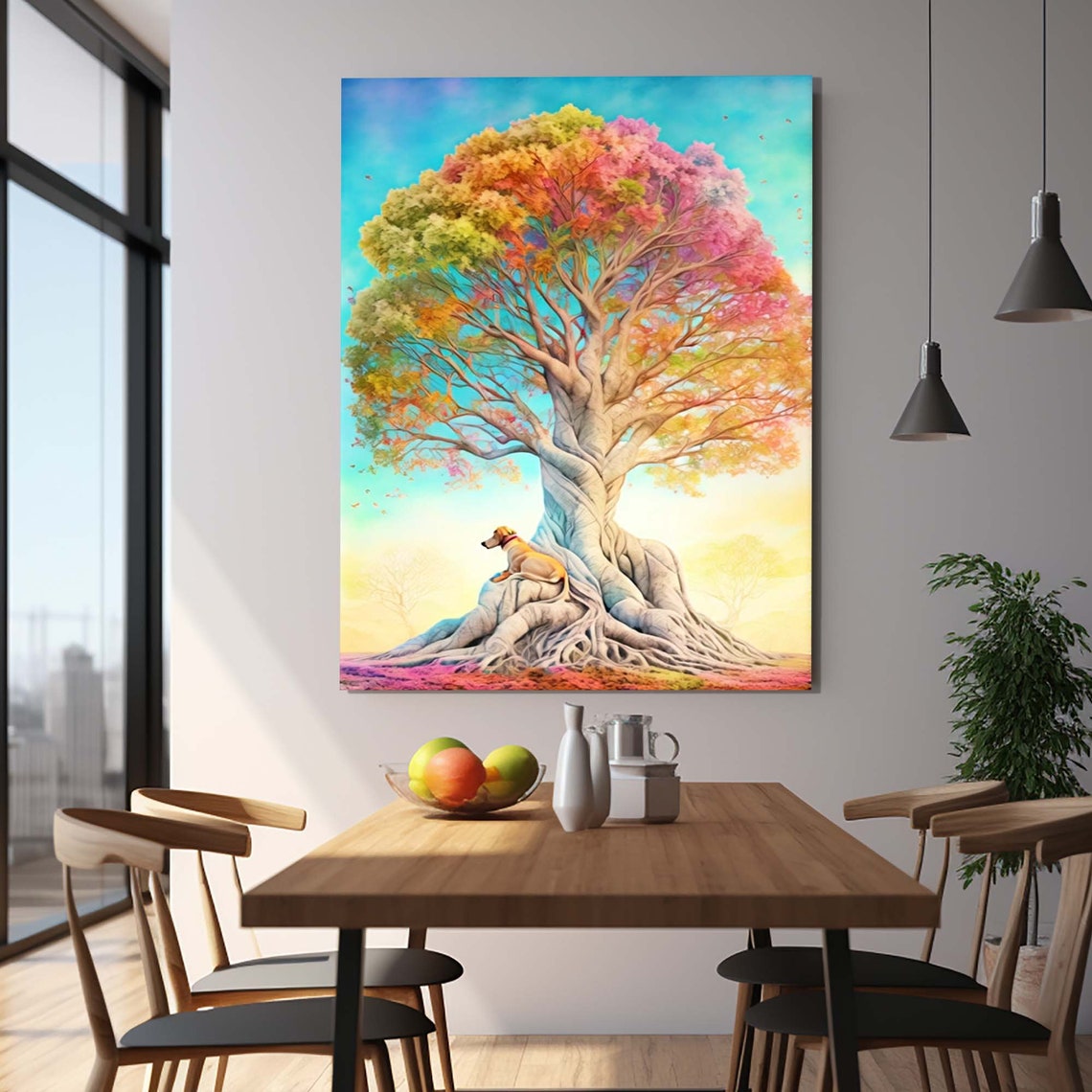 Rainbow Watercolor Tree Roots Dog White Trunk Wall Art Poster - Image 2