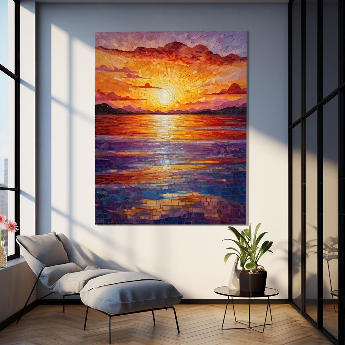 Mosaic Sunset Over Ocean Golden Waves Glass Tile Gallery Poster