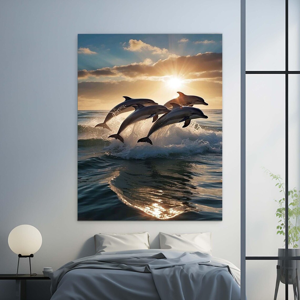 Four Dolphins Leaping Out Of Ocean Waves At Golden Sunset Wall Art - Image 3