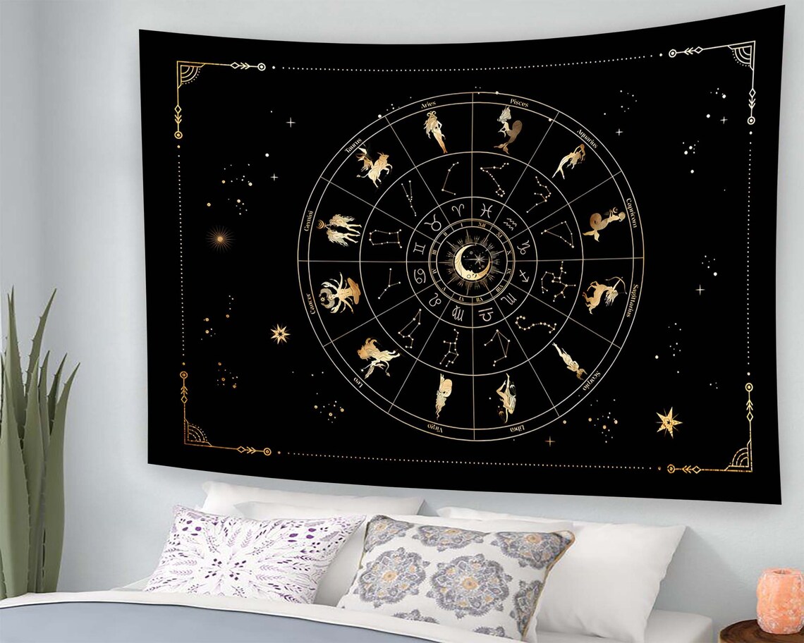 Gold Zodiac Wheel Constellation Figures Black Horoscope Tapestry Poster