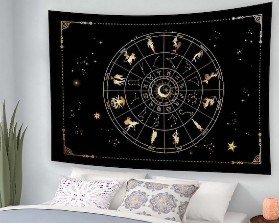 Gold Zodiac Wheel Constellation Figures Black Horoscope Tapestry Poster