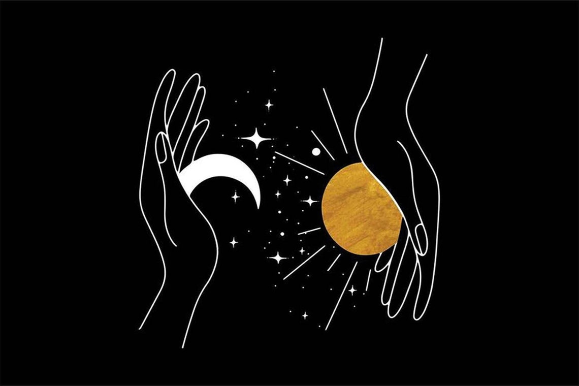 Hands Holding Moon Sun Minimalist Black Gold Celestial Boho Poster - Image 3