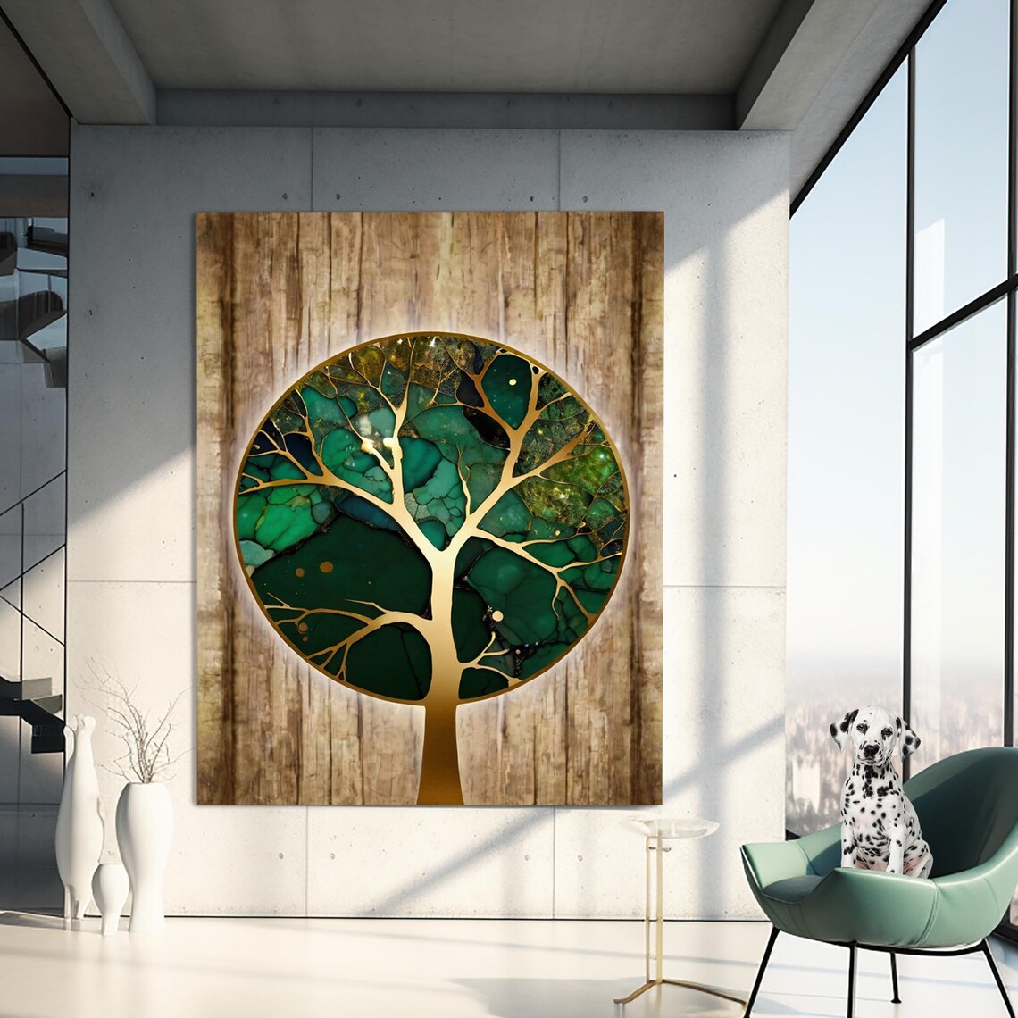 Tree Of Life Gold Green Circle Rustic Wood Background Gallery Poster - Image 2