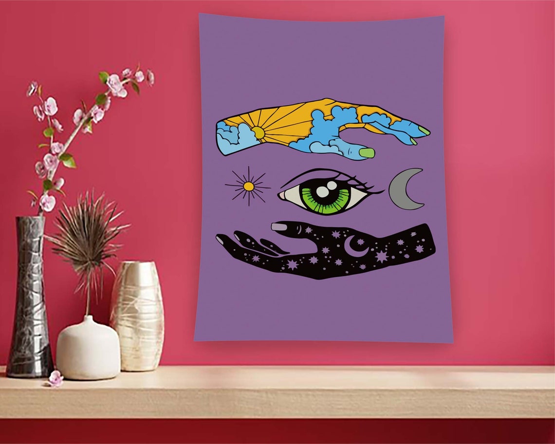 Purple Celestial Hands Sun Moon Stars Mystical Eye Tapestry Wall Art