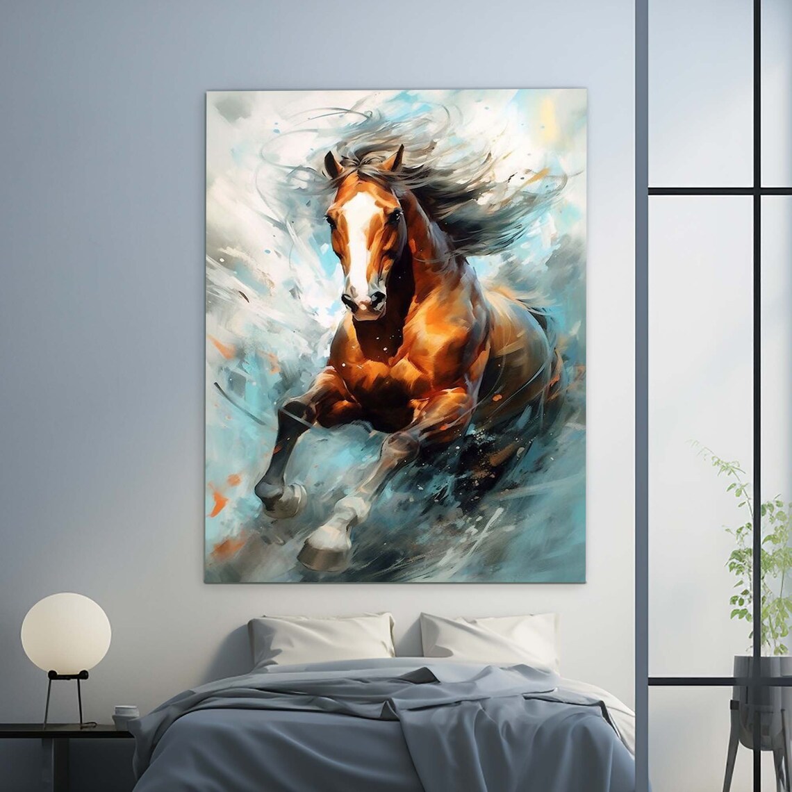 Chestnut Horse Running Blue Splash Dynamic Equine Wall Poster - Image 2