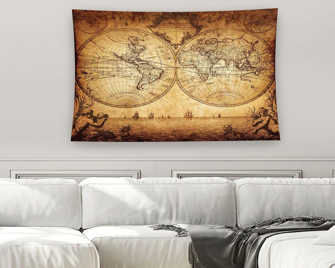 Antique Sepia World Map Double Hemisphere Vintage Tapestry Wall Art - Image 3