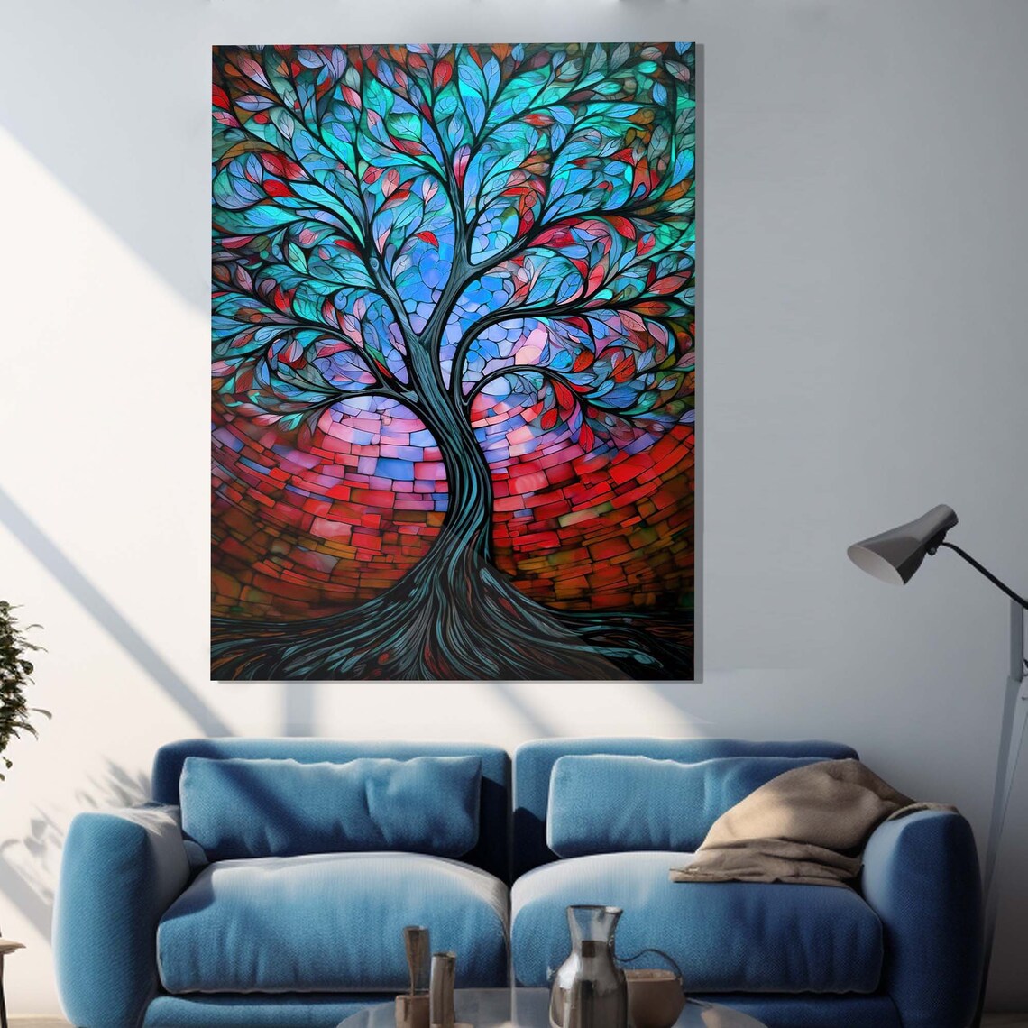 Blue Tree of Life Stained Glass Style Tempered Glass Wall Art - Image 3