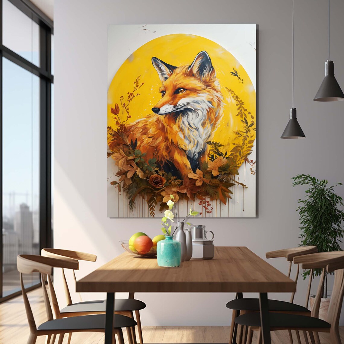 Red Fox Golden Sun Circle Autumn Foliage Wildlife Portrait Wall Art