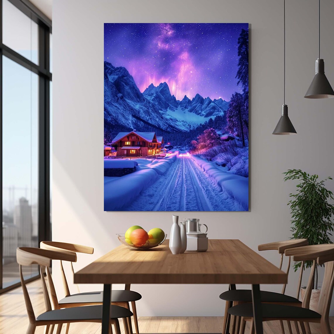 Purple Aurora Over Snowy Alpine Cabin Village Night Travel Poster - Image 3