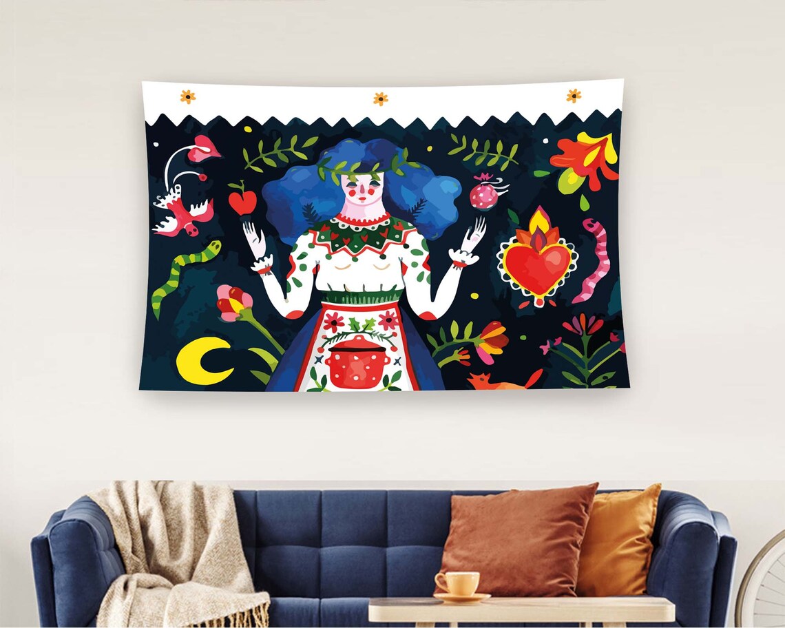 Colorful Folk Art Woman Flowers Hearts Birds Night Tapestry Wall Art - Image 2