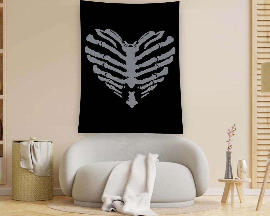 Skeleton Ribcage Heart Black Gothic Dark Horror Tapestry Poster - Image 2