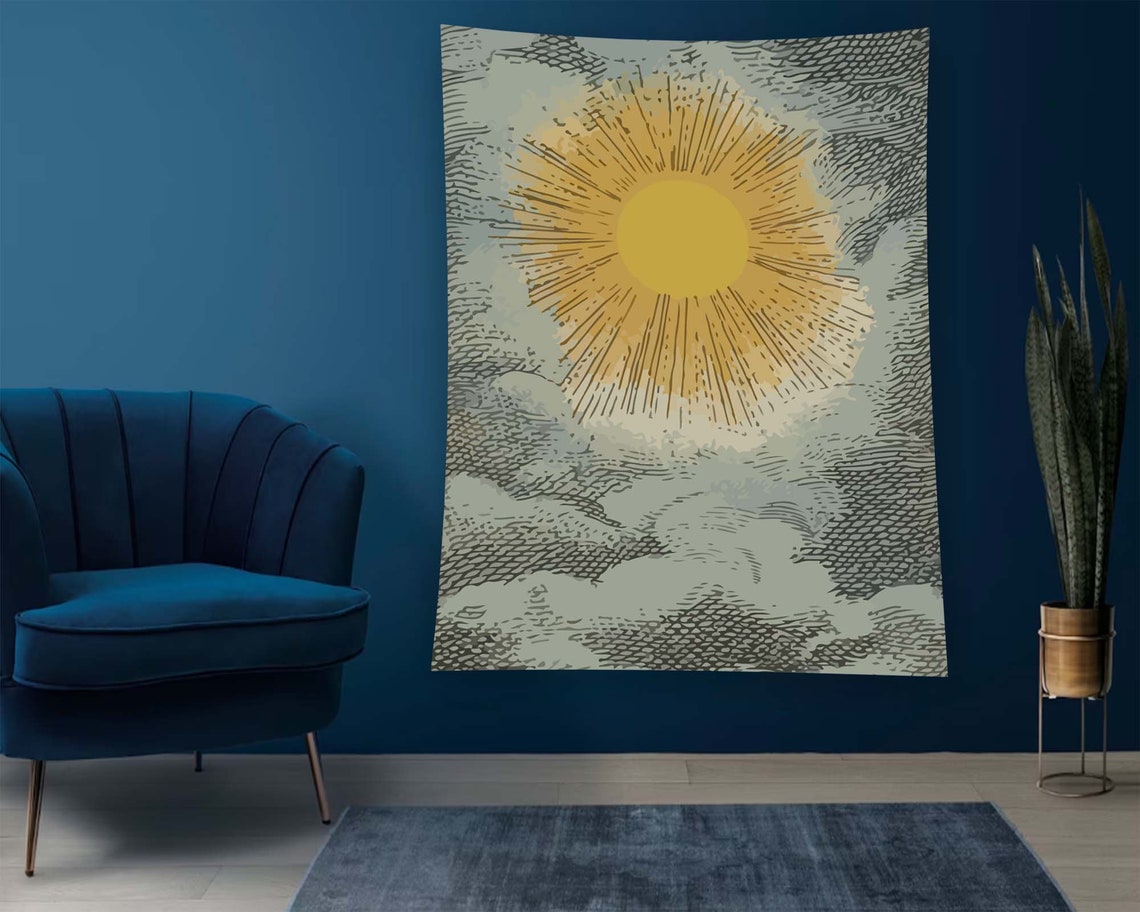 Vintage Engraved Yellow Sun Clouds Antique Sky Tapestry Wall Art - Image 2