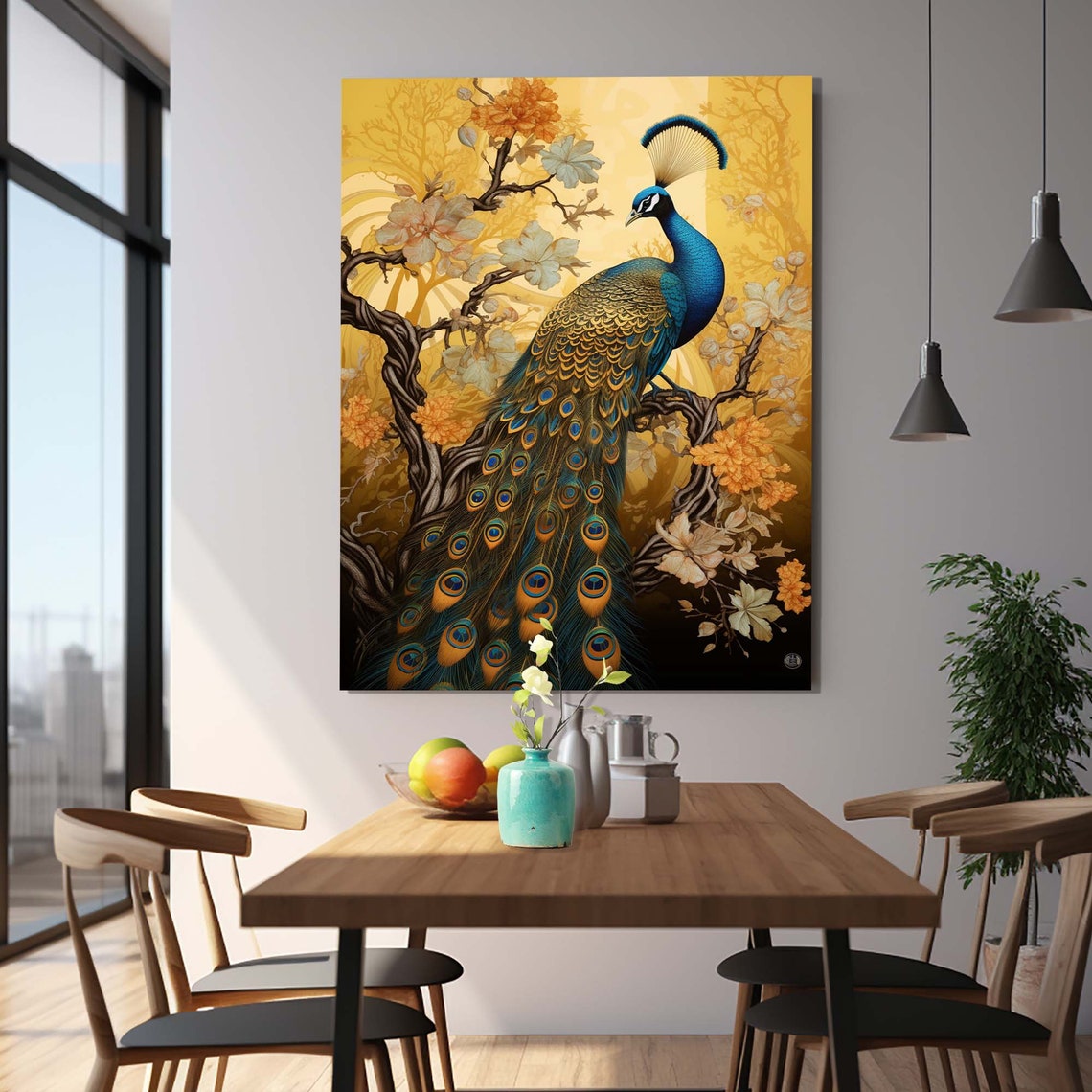 Majestic Peacock Orange Blossoms Golden Tree Bird Feather Art Poster - Image 2