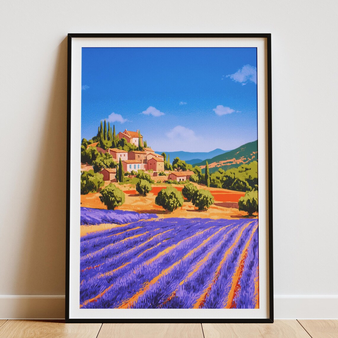 Provence France Lavender Field Rows Hill Village Travel Poster