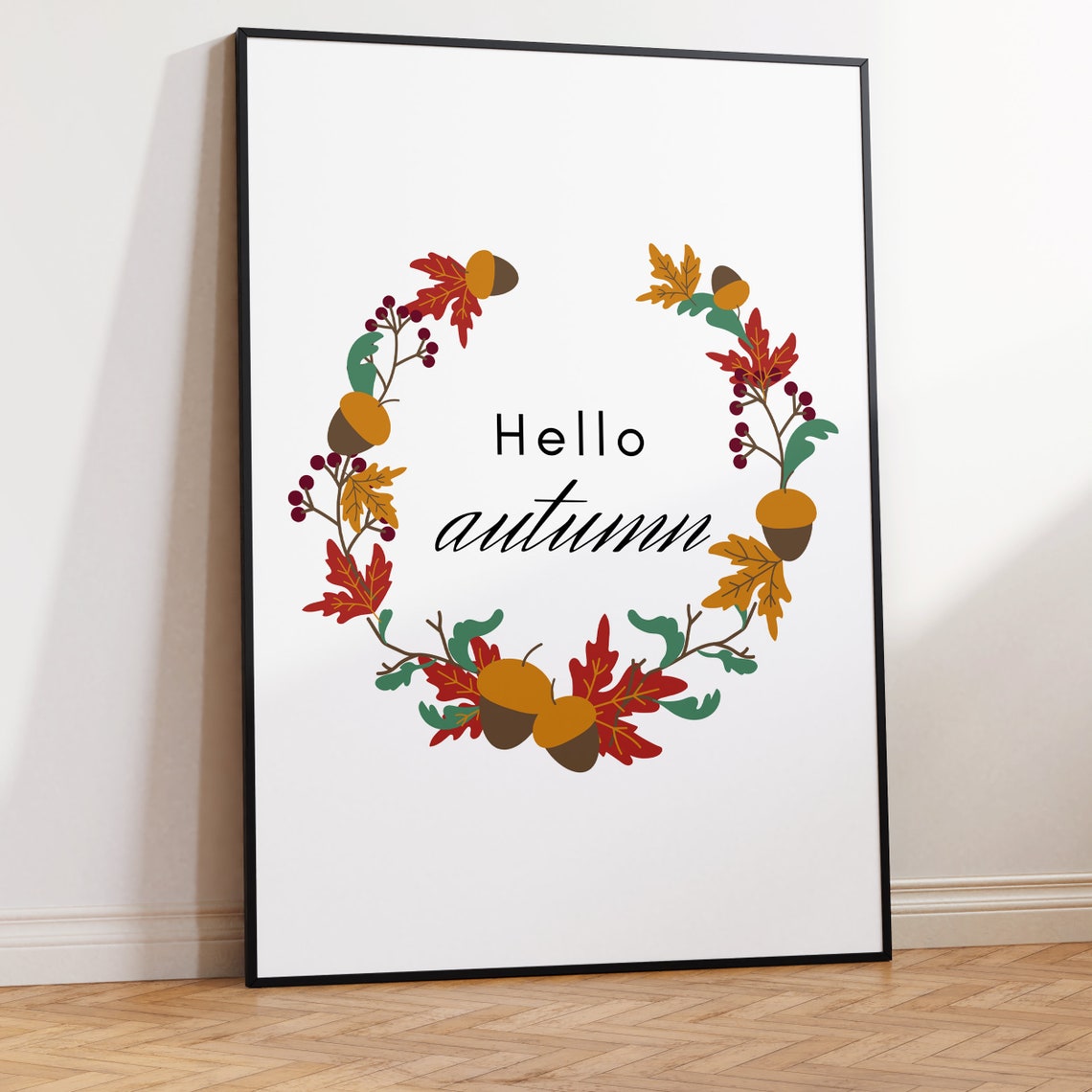 Hello Autumn Wreath Fall Leaves Acorns Berries Seasonal Decor Poster - Image 2