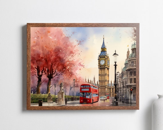 Watercolor London Print, Big Ben Red Bus Travel Poster