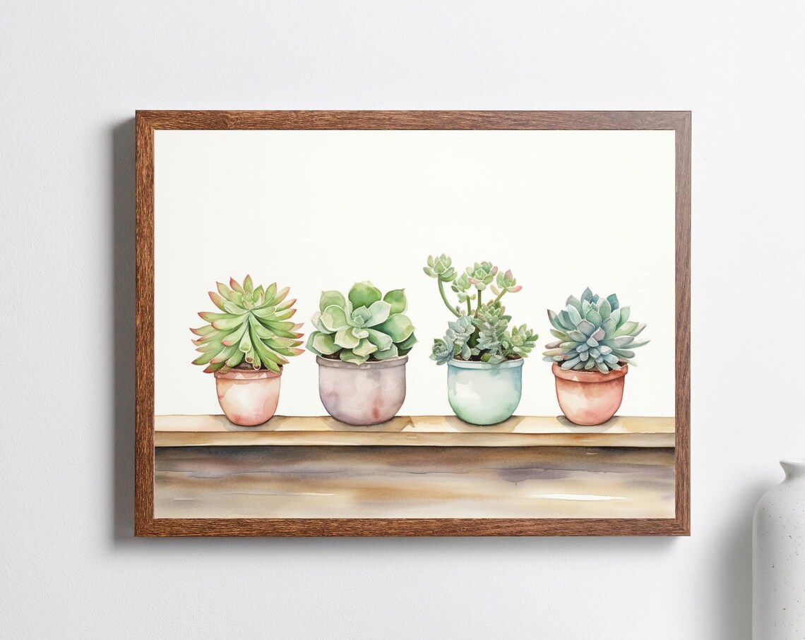 Watercolor Succulent Art Print, Potted Houseplants