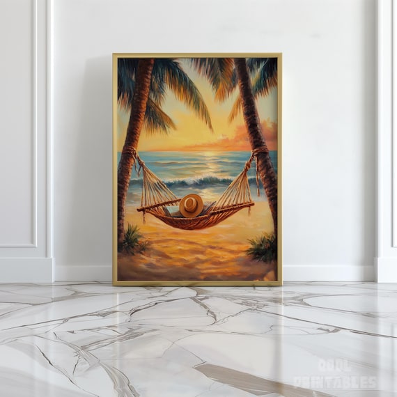 Tropical Hammock Palm Trees Sunset Ocean Beach Painting Wall Art