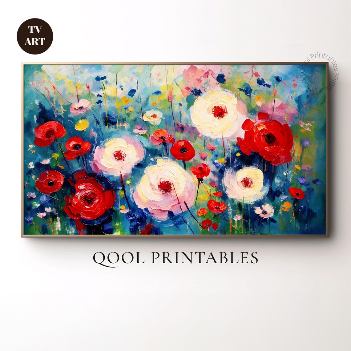 Red Poppies Wildflower Impasto Painting Teal Floral TV Wall Art
