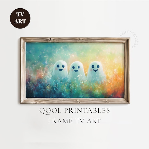 Three Cute Smiling Ghosts Meadow Watercolor Halloween Wall Art Decor