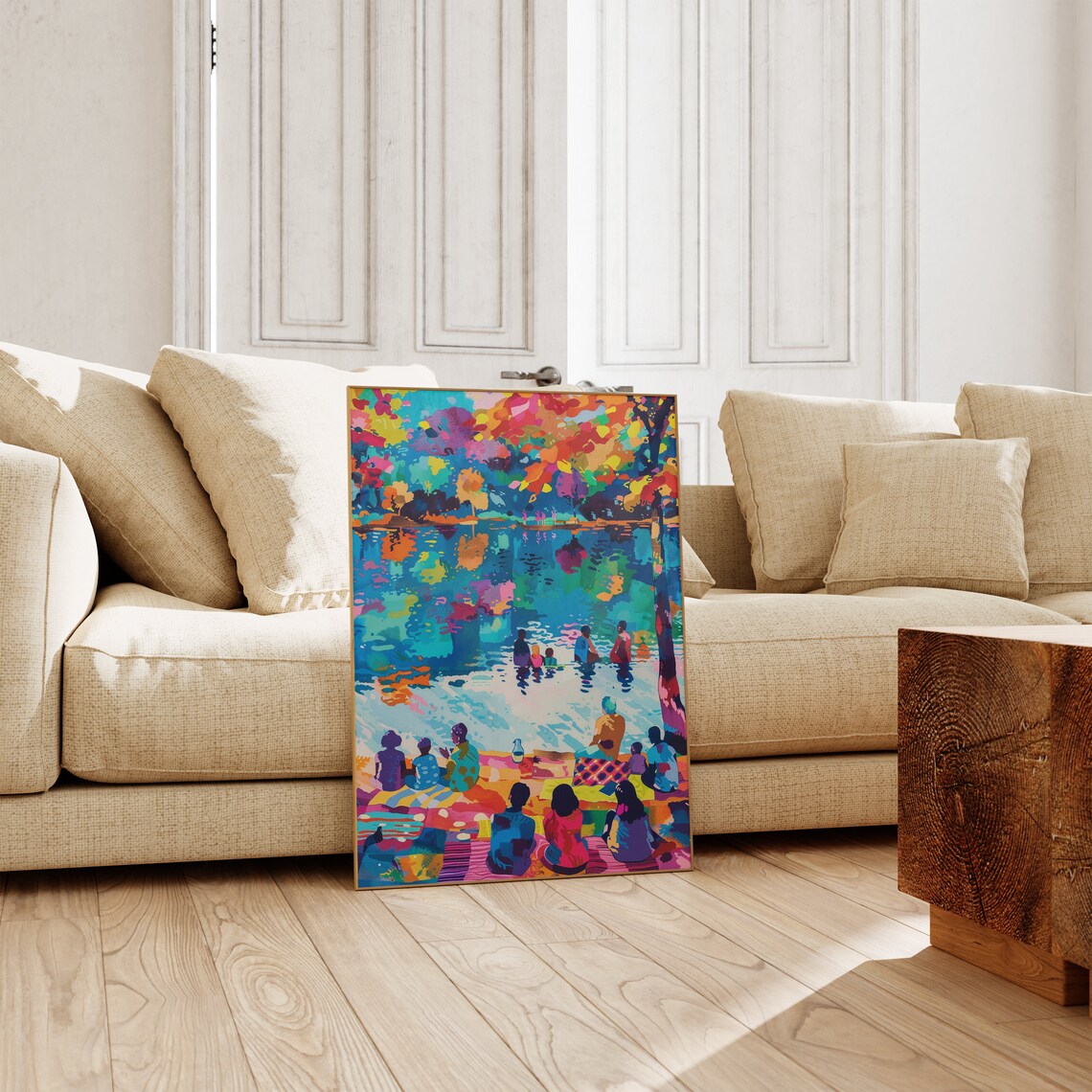 Lakeside Family Picnic Autumn Trees Reflection Joyful Poster - Image 2
