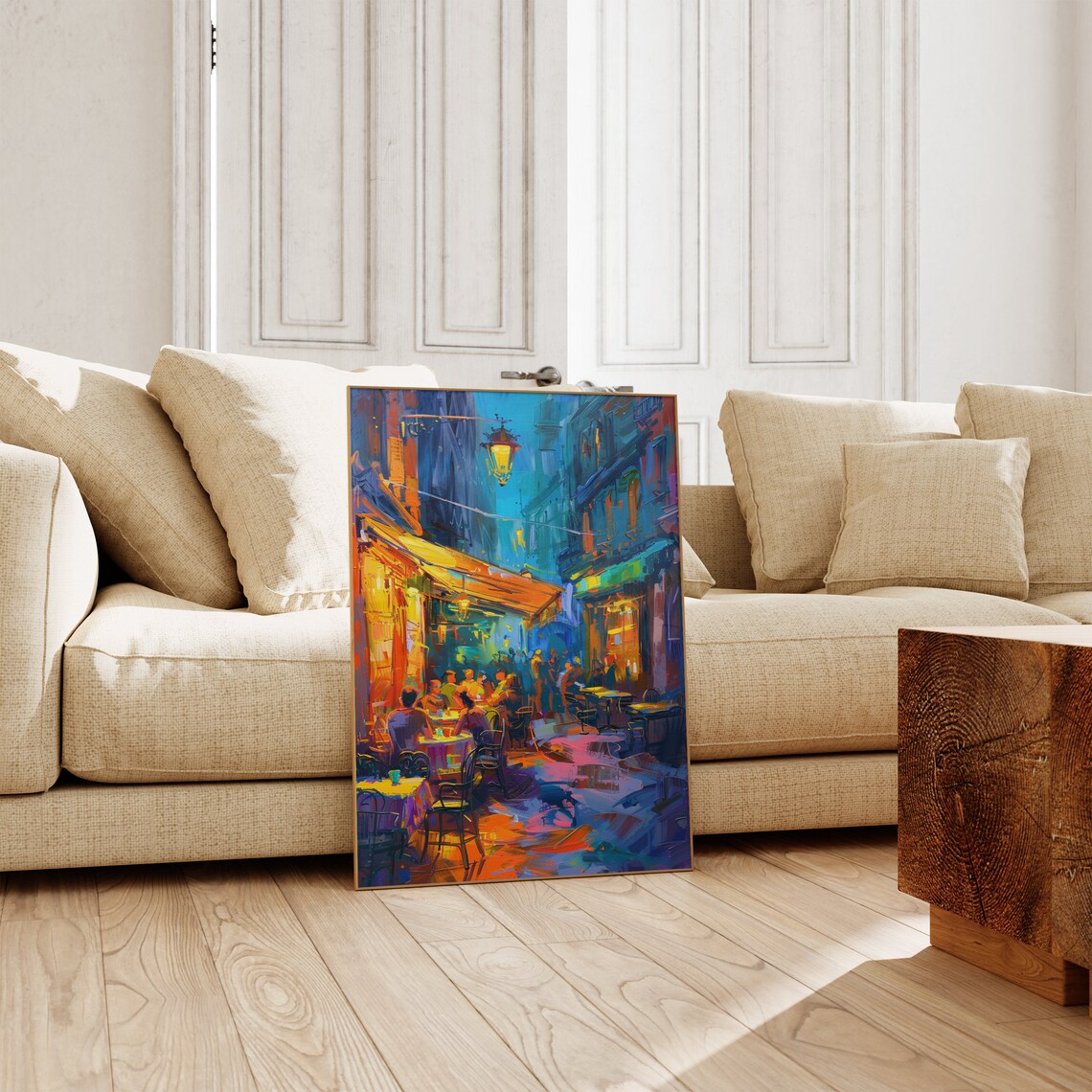 Night Cafe Street Scene with Diners and Colorful Lights Art Poster - Image 2