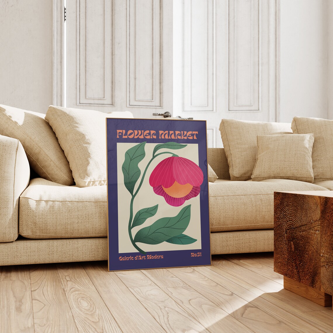 Flower Market No 31 Pink Lantern Bloom Navy Retro Floral Poster - Image 3